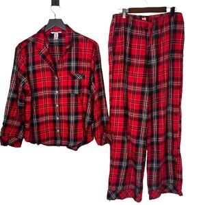 Victoria's Secret Plaid‎ Flannel Red Pajama Set Gold thread M